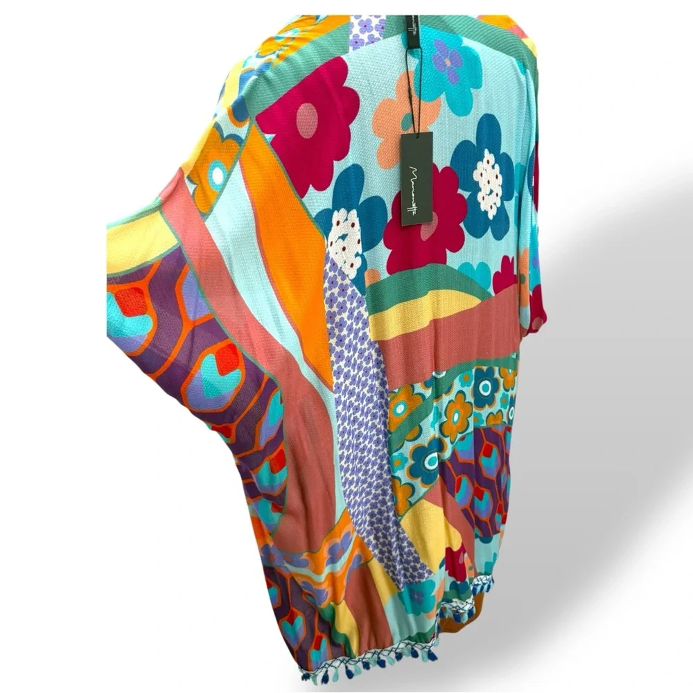 NWT kimono Ruana tassels exotic viscose soft flowy 60s psychedelic flower child - Picture 2 of 16